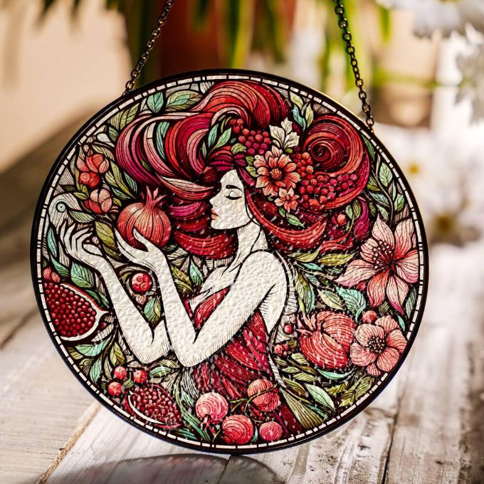 Persephone Stained Glass SunCatcher Persephone Greek Goddess Window Hanging Protection Charm Pomegranate Home Decor Gift