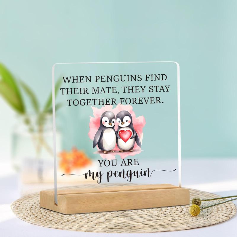 Cute Penguin & Letter Pattern Acrylic Desktop Ornament, 1 Count Creative Home Decor Plaque, Desktop Decoration Sign for Living Room Bedroom Office