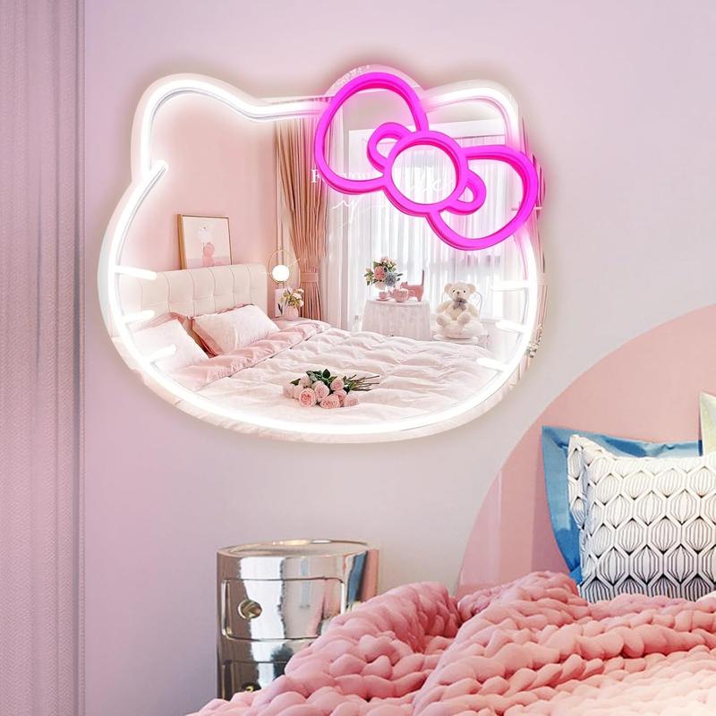 Kitty face Home DecorMirror Kitty face shape Mirror, girl   giftsBedroomWall Mirror, Anime Neon Sign for DresserLocker Room,Living Room, Neon Light Mirror