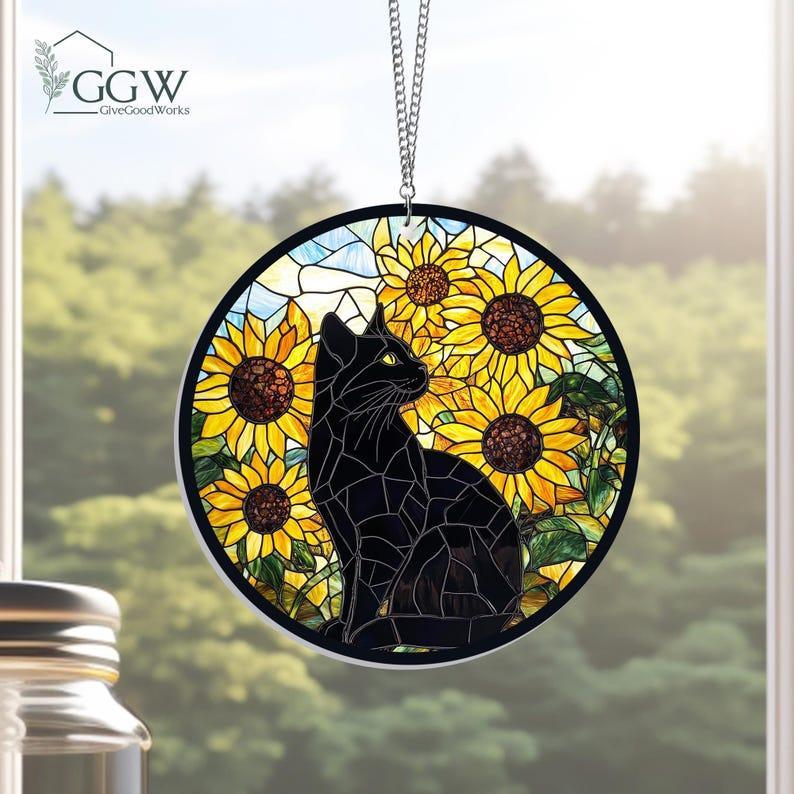 Sunflower Black Cat Suncatcher Hanging Sign, Cat Decor, Cat Lovers, Cat Memorial, Gift for Cat Lovers, Sunflower Gift for Mom, Memorial Gift