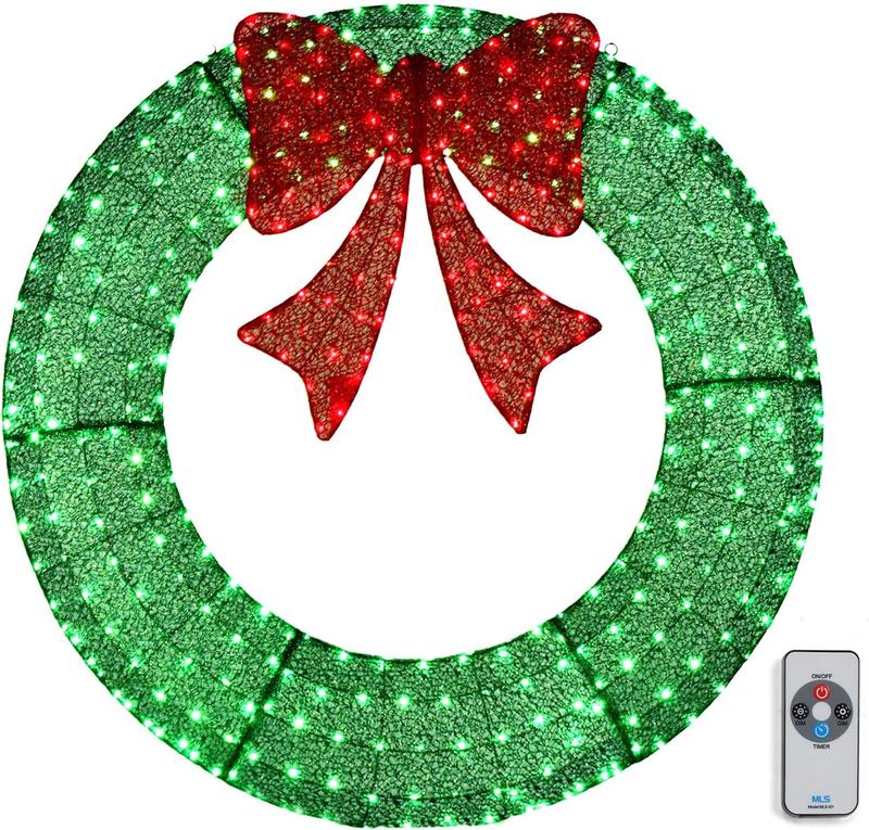 VINGLI 48 Inch Pre-lit Large Christmas Wreath, Outdoor Christmas Wreath with 315 LED Lights for Garage, Windows, Christmas Door Wreath Decorations with Red Bow, Timer Remote Control, Plug-in, Green