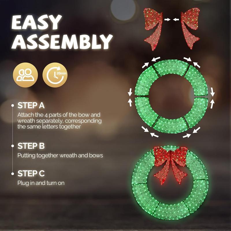 VINGLI 48 Inch Pre-lit Large Christmas Wreath, Outdoor Christmas Wreath with 315 LED Lights for Garage, Windows, Christmas Door Wreath Decorations with Red Bow, Timer Remote Control, Plug-in, Green