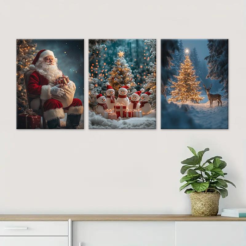 Christmas Wooden Framed Canvas Painting, 3 Counts set Winter Christmas Snow Scene Wall Art, Waterproof Wall Decor  for Home Living Room Bedroom Office