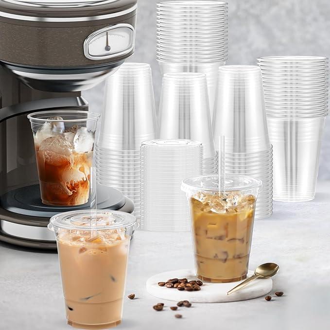 [FREE STRAWS] 100 Sets of Clear Plastic Cups with Flat Lids – Disposable Cups for Cold Drinks, Smoothies, Milkshakes, Iced Coffee, and To-Go Beverages