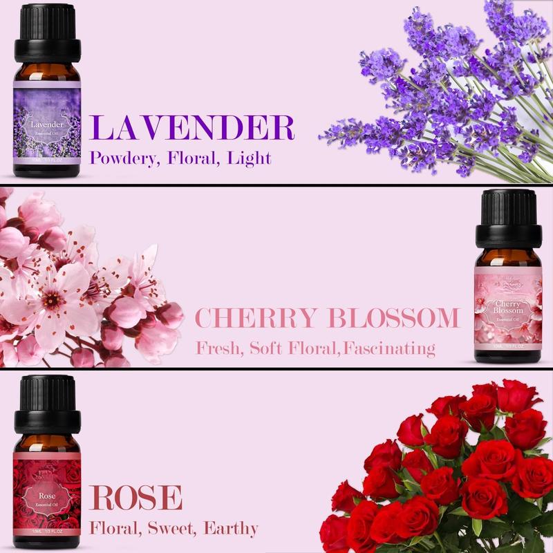 Floral Essential Oils Set, Premium Pure and Natural Essential Oils, Fragrance Oil Scented Oils for Oil Diffusers 6 x 10 ML - Lavender, Rose, Jasmine, Cherry Blossom, Gardenia, Chamomile