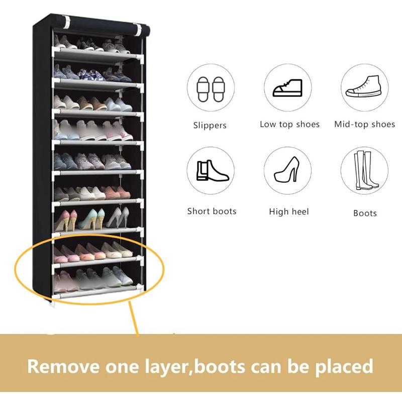 Black non-woven multi-layer steel tube shoe cabinet and shoe rack. Zipperless shoe cabinet for storage and dustproof. Multifunctional shoe rack for home. Increased capacity. Exquisite and beautiful. Large built-in space.