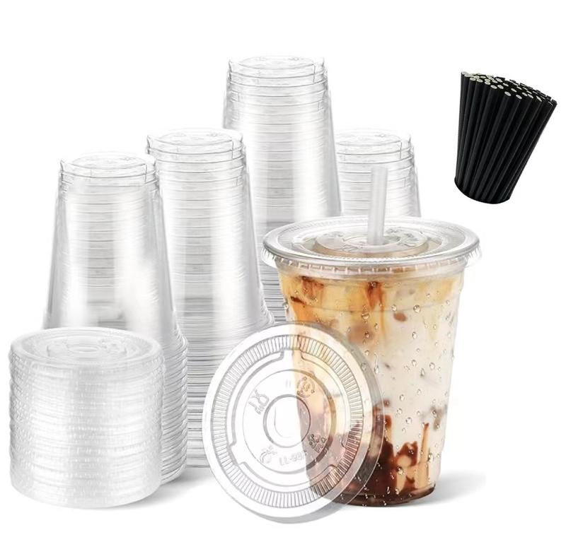 [FREE STRAWS] 100 Sets of Clear Plastic Cups with Flat Lids – Disposable Cups for Cold Drinks, Smoothies, Milkshakes, Iced Coffee, and To-Go Beverages