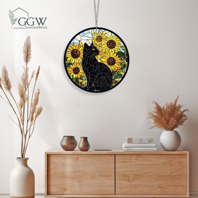 Sunflower Black Cat Suncatcher Hanging Sign, Cat Decor, Cat Lovers, Cat Memorial, Gift for Cat Lovers, Sunflower Gift for Mom, Memorial Gift