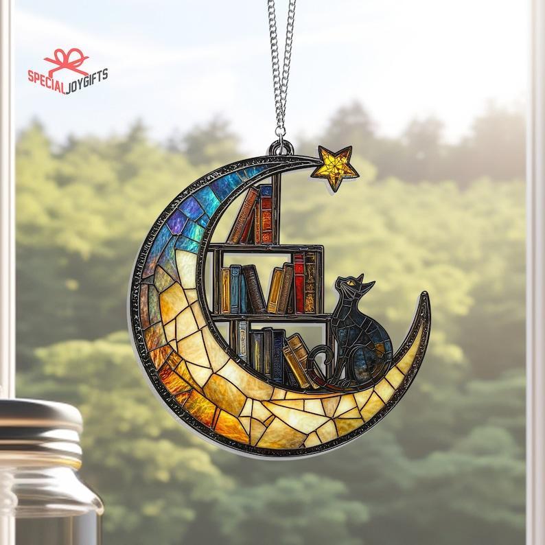 Cat Book On The Moon Suncatcher Window Hanging, Book Window Decor, Book Lover Gift, Book Ornament, Indoor Decor Ornament, Librarian Gift