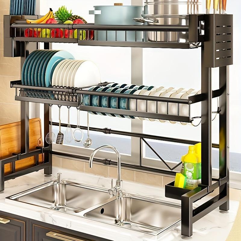 1pc Countertop Dish Storage Drainage Rack Expandable Kitchen Sink Shelf Dish Rack Drainer Black Kitchen Organizer