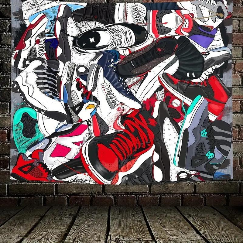 Basketball Shoe Pattern Tapestry, 1 Count Modern Polyester Wall Tapestry for Living Room Bedroom Dormitory Home Decor, Summer Room Decor, Super Bowl Party Decor Supplies, Men Gifts