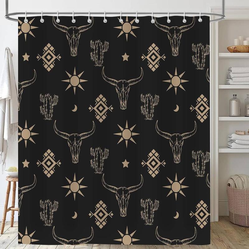 Cow Head Pattern Shower Curtain, 1 Count Waterproof Bathroom Decorative Curtain with 12pcs Hooks,  Bathroom Accessory, Bathroom Decor Supplies for Home Hotel Salon