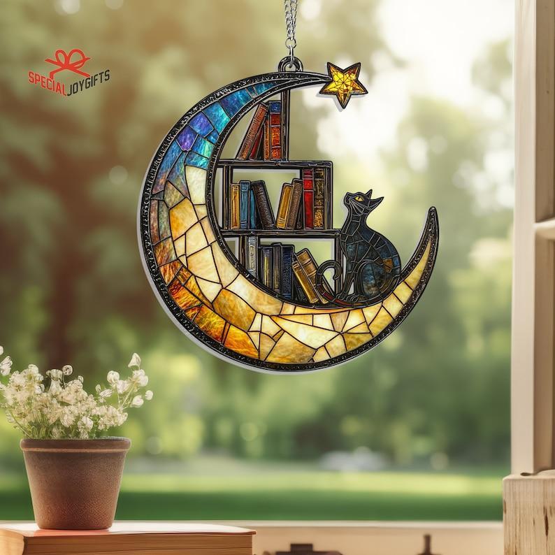 Cat Book On The Moon Suncatcher Window Hanging, Book Window Decor, Book Lover Gift, Book Ornament, Indoor Decor Ornament, Librarian Gift