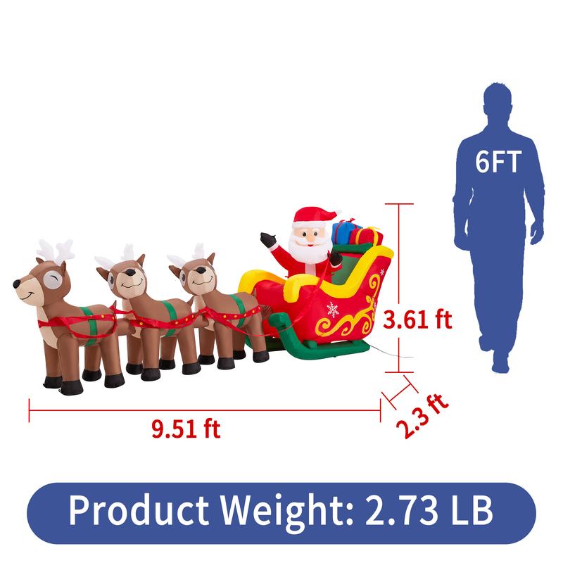 9.5 Foot Christmas Inflatable Santa Claus on Sleigh with 3 Reindeer, Lighted Decorations