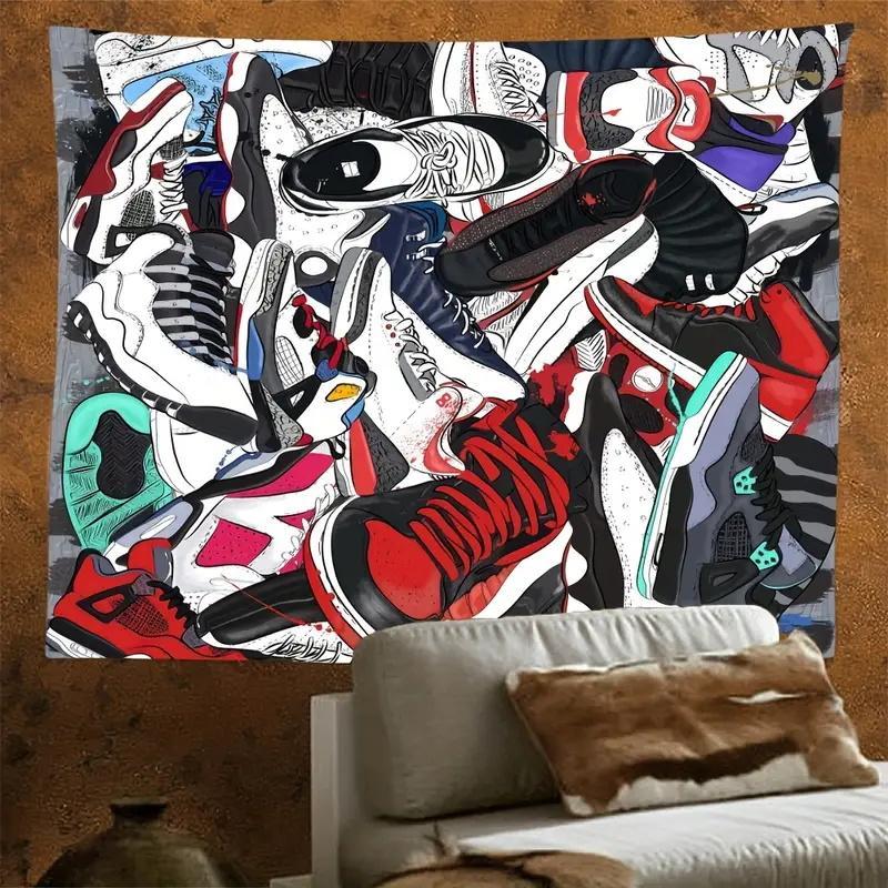 Basketball Shoe Pattern Tapestry, 1 Count Modern Polyester Wall Tapestry for Living Room Bedroom Dormitory Home Decor, Summer Room Decor, Super Bowl Party Decor Supplies, Men Gifts