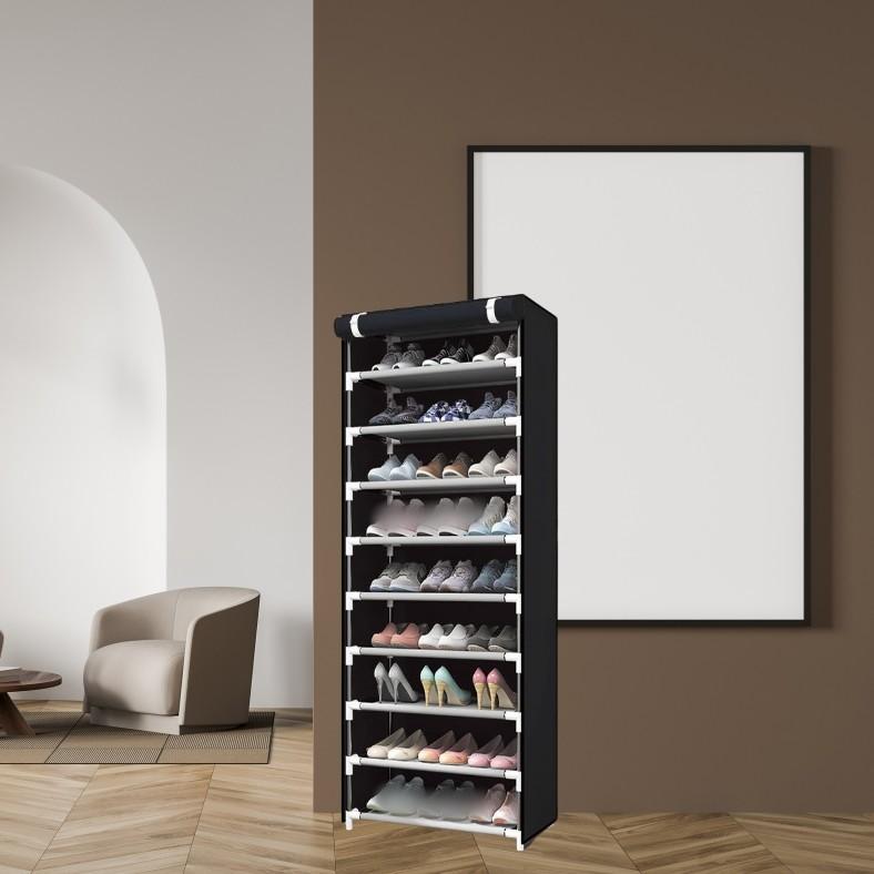 Black non-woven multi-layer steel tube shoe cabinet and shoe rack. Zipperless shoe cabinet for storage and dustproof. Multifunctional shoe rack for home. Increased capacity. Exquisite and beautiful. Large built-in space.