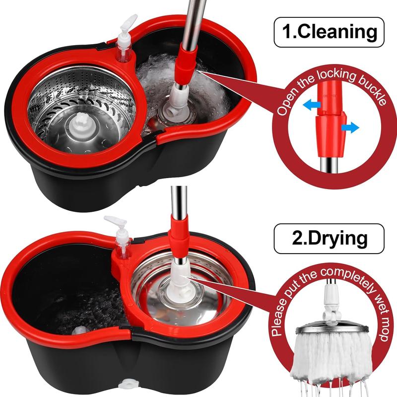 Black Spin Mop Bucket Set with 2pcs Microfiber Round Replacement Heads - Home Cleaning Stainless Steel and PP Material