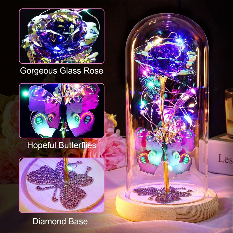 DEEMEI Room Decor Artificial Rose Flower With Glass Cover Dome,Led & Butterfly For Home Party Christmas Valentine's Day Creative Birthday Present Gift