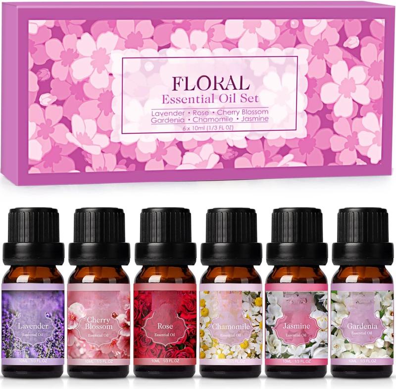 Floral Essential Oils Set, Premium Pure and Natural Essential Oils, Fragrance Oil Scented Oils for Oil Diffusers 6 x 10 ML - Lavender, Rose, Jasmine, Cherry Blossom, Gardenia, Chamomile