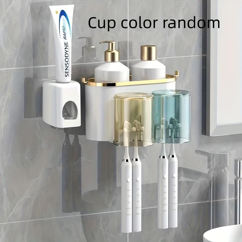 Toothbrush holder with toothpaste dispenser, wall-mounted, with mouthwash cup, space-saving bathroom rack, bathroom accessories