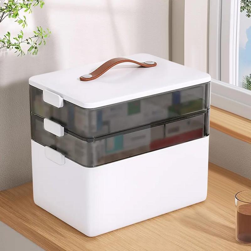 Medicine Storage Box, 1 Count 3 Layers Sundries Organizer with Lid & Handle, Large Capacity Storage Box for Home Dormitory Office Outdoor