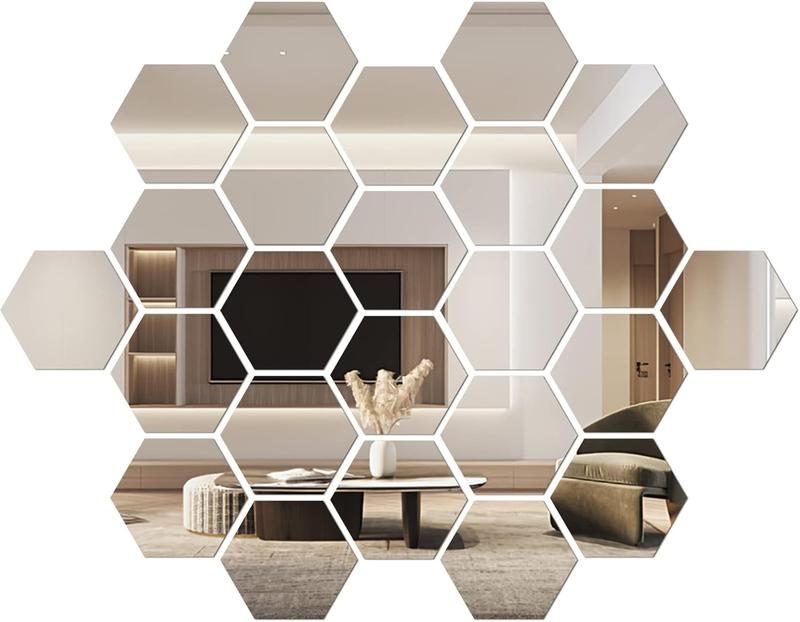 24 count Mirror Wall Stickers, Hexagon  Mirror Stickers with Self-Adhesive Backing, Removable Mirrors Wall Art Decal for Home, Living Room, Bedroom, Decor (l)