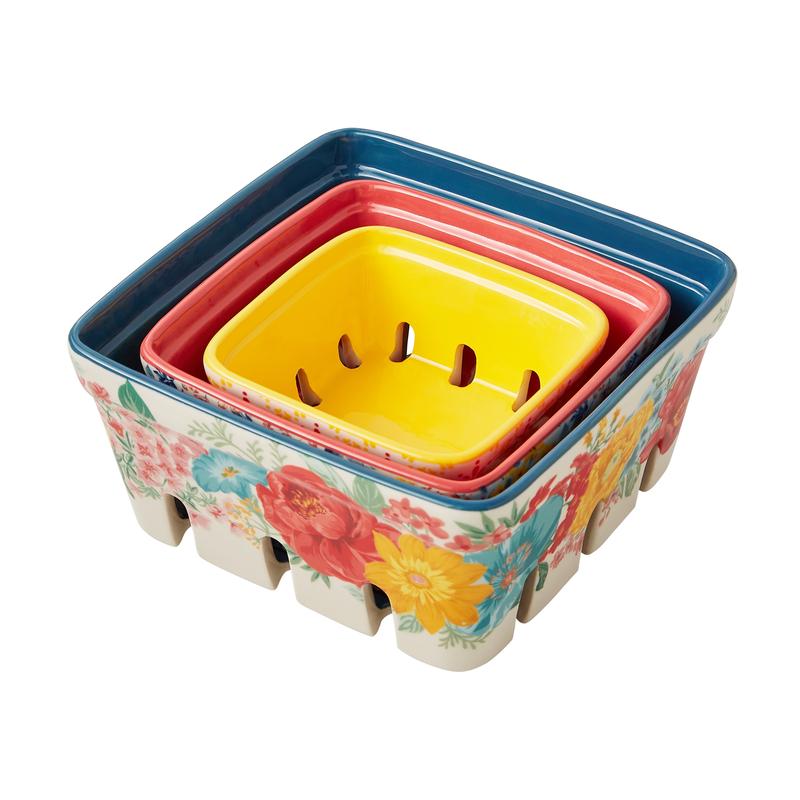 The Pioneer Woman Fancy Flourish 3-Piece Ceramic Fruit Basket Set No Brand Organiser Farmhouse