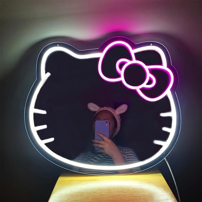 Kitty face Home DecorMirror Kitty face shape Mirror, girl   giftsBedroomWall Mirror, Anime Neon Sign for DresserLocker Room,Living Room, Neon Light Mirror