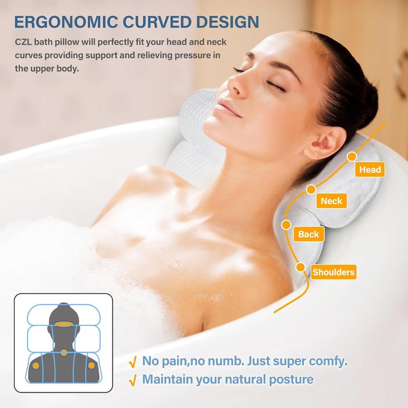 Bath Pillow Bathtub Pillow for Tub Luxury Bath Tub Pillows for Tub  and  Support with Soft Mesh Fabric and 8  Powerfull Non-Slip Suction Cups Relaxing Bath Accessories  Gifts, White