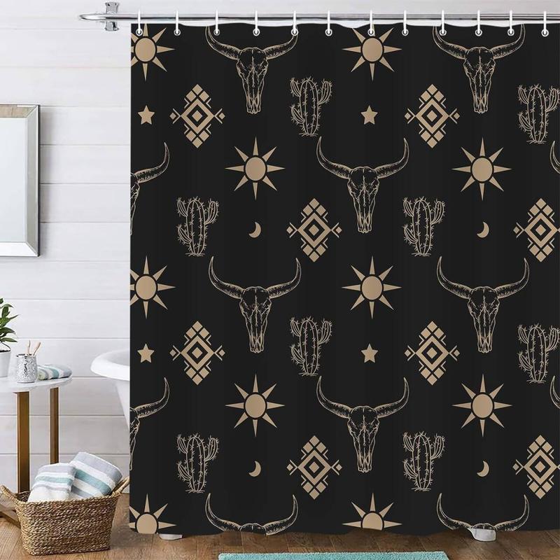 Cow Head Pattern Shower Curtain, 1 Count Waterproof Bathroom Decorative Curtain with 12pcs Hooks,  Bathroom Accessory, Bathroom Decor Supplies for Home Hotel Salon