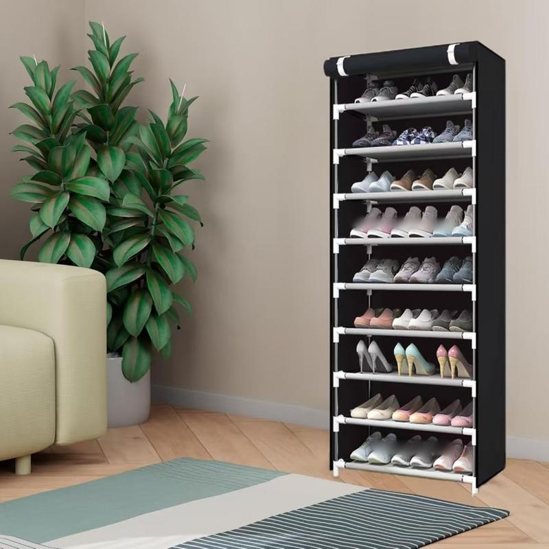 Black non-woven multi-layer steel tube shoe cabinet and shoe rack. Zipperless shoe cabinet for storage and dustproof. Multifunctional shoe rack for home. Increased capacity. Exquisite and beautiful. Large built-in space.