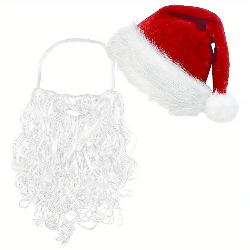 Santa Claus Hat & Beard Set, 1 Set Including 1 Beard and 1 Thickened Encrypted Plush Santa Hat, Party Dress Up Accessories, Party Decorations