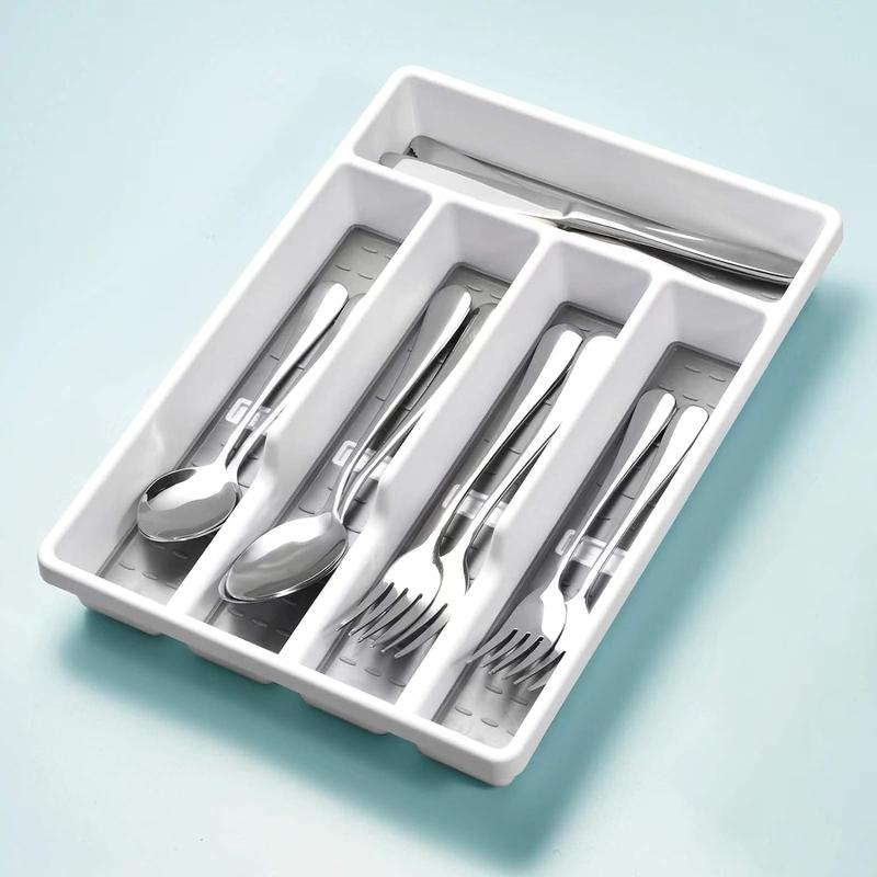 Silverware Organizer with Icons Plastic Cutlery silverware Tray for Drawer Utensil Flatware Tableware Organizer for Kitchen with Non-slip TPR,Fits Standard Drawer,5-Compartment  Grey Boxes