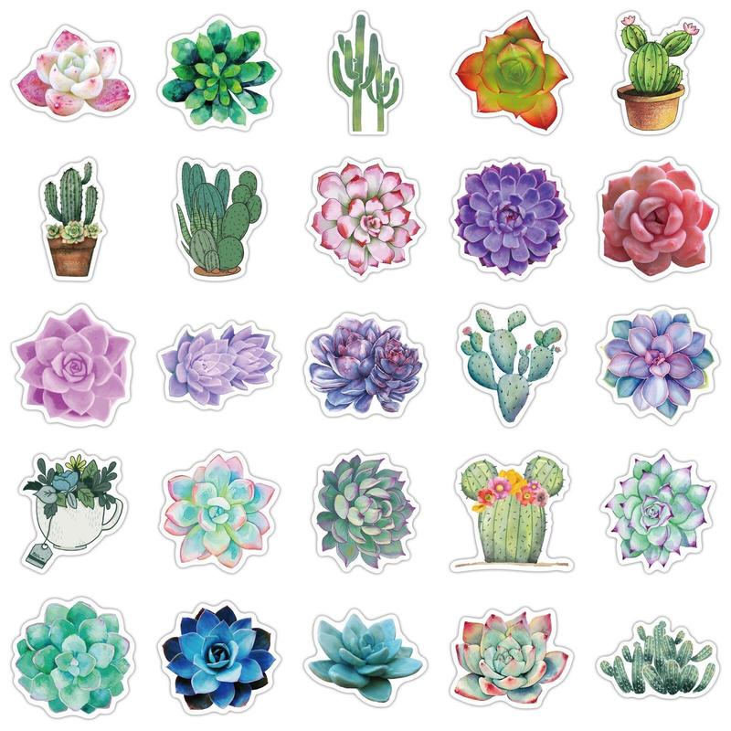 50pcs Waterproof Cactus Pattern Sticker, DIY Decoration Sticker for Laptop, Guitar, Water Bottle, Skateboard & Scrapbook