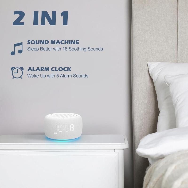 Sound Machine & Alarm Clock 2-in-1, 18 Soothing Sound, 7 Night Light, Sleep Timer, Precise 30-Level Volume Control White Noise Machine Decor