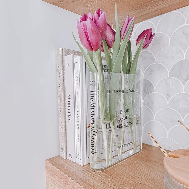 Clear Book Flowers Vase - Cute Bookshelf Decor; Unique Vase for Book Lovers, Artistic and Cultural Flavor Acrylic Vases for Home Office Decor, A Book About Flowers (Clear - B) Ornaments