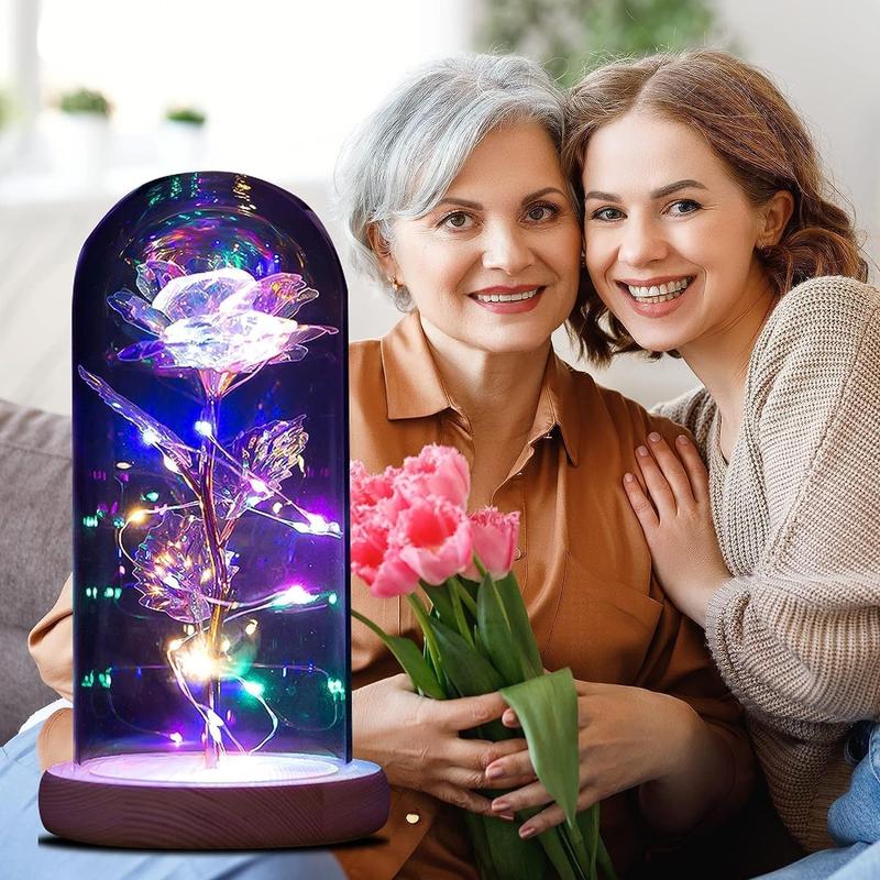 Mothers Day Glass Rose Light Up Rose Gifts for Mom Women Birthday Gifts Colorful Rainbow Artificial Flower Rose Gift in A Glass Dome Valentines Mother's Day for Her Women Decor Decorative Ornaments flower  Plants