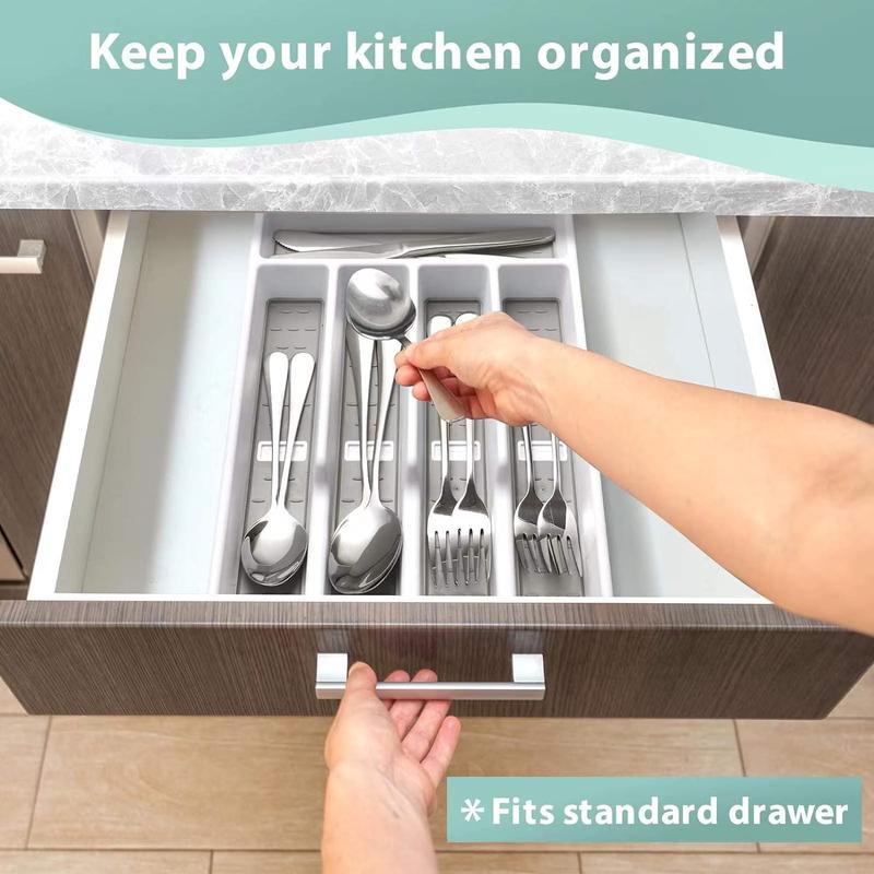 Silverware Organizer with Icons Plastic Cutlery silverware Tray for Drawer Utensil Flatware Tableware Organizer for Kitchen with Non-slip TPR,Fits Standard Drawer,5-Compartment  Grey Boxes