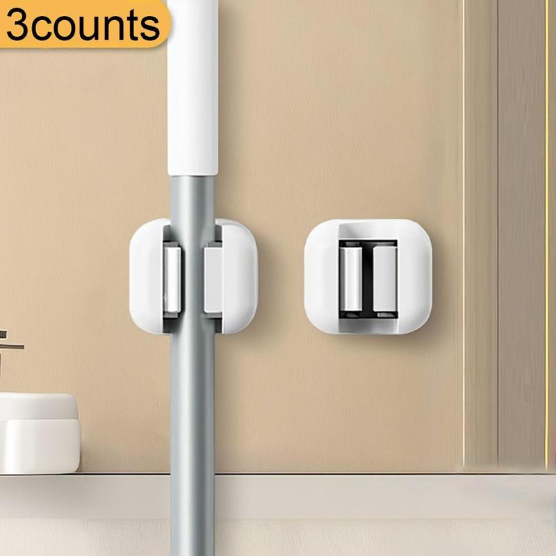 Wall Mounted Mop & Broom Holder, 3 Counts Self-adhesive Tool Organizer Clips, No-drill Storage Hanger for Home, Kitchen, Bathroom