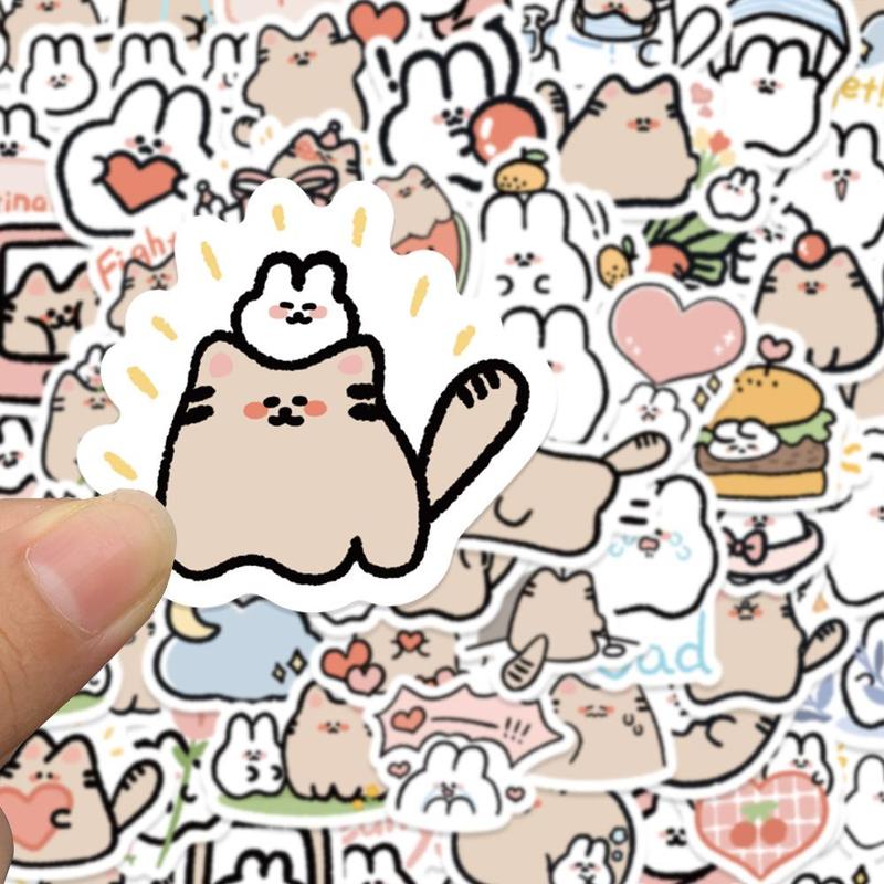 Easter Ornaments, 60pcs Cute Spring Cartoon Cat & Rabbit Series Stickers, DIY Waterproof Decorative Stickers for Laptop, Guitar, Water Bottle & Skateboard, Easter Essentials, Easter Decorations