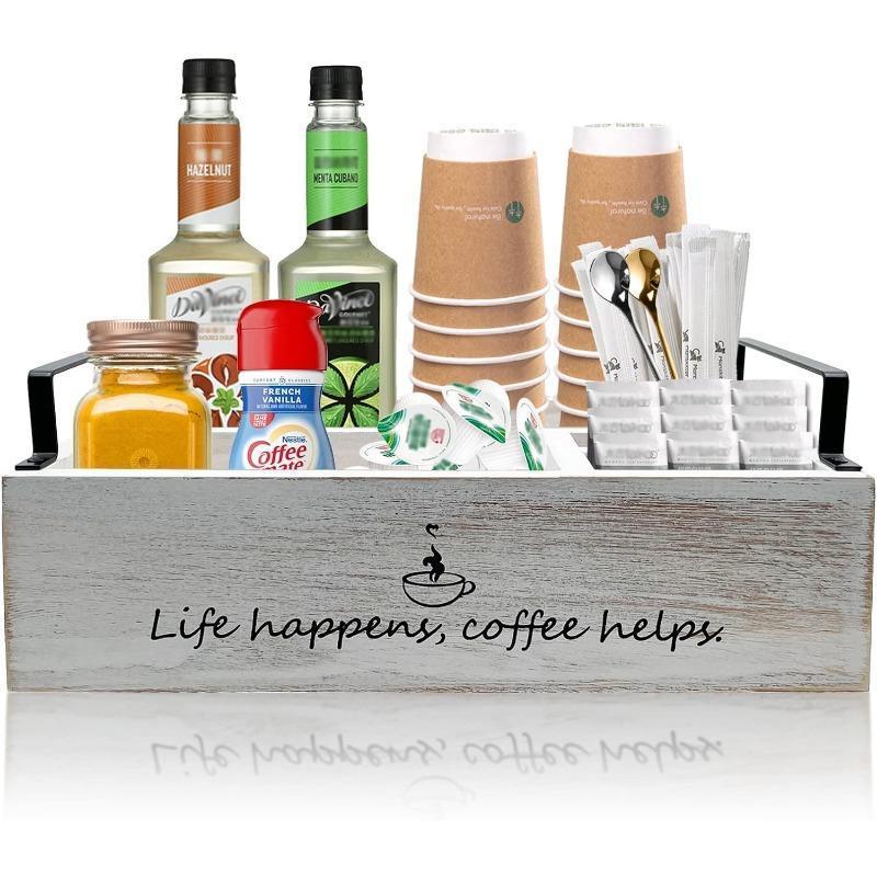 Coffee Station Organizer, Farmhouse Coffee Bar Accessories Organizer Basket for Countertop Office Coffee Station, Wooden Tray for Coffee Supplies and Essentials, Sugar, Syrup, Tea