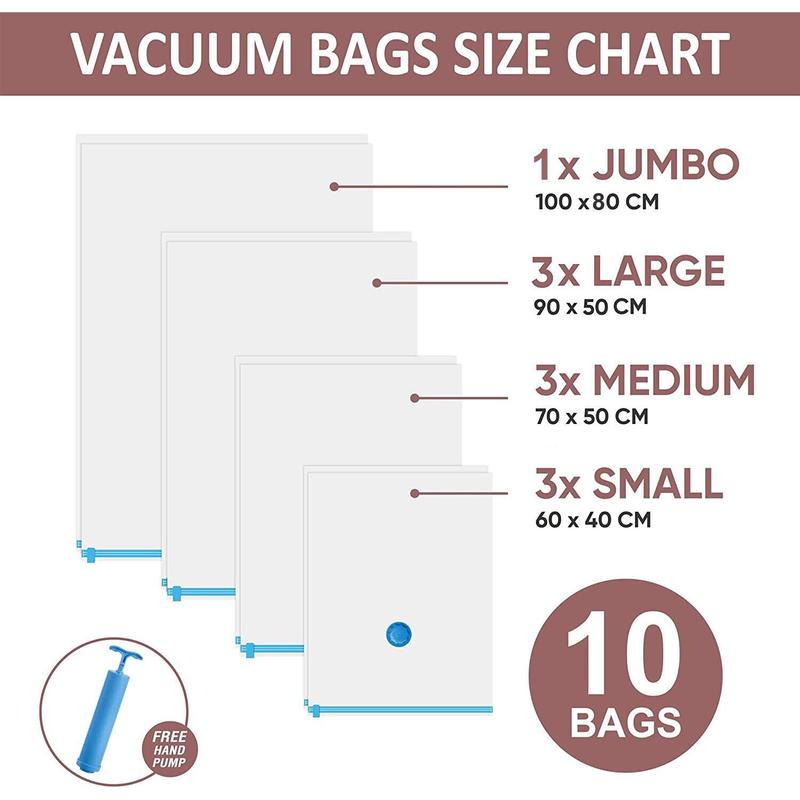 10 x Jumbo Vacuum Storage Bags Travel Space Saver Garment Seal Clothes Hand Pump Organiser Organiser Organiser