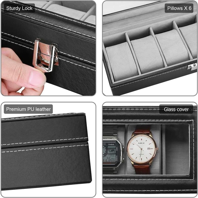 Watch Box for Men,Organizer 6 Slot Watch Display Case,Men  Box Storage Watch and Watch Box Men, Watch Holder Organizer for Men Women -6 Slot, Black