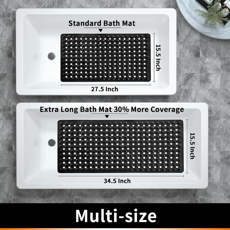 Bathtub Shower Mat, Long Non Slip Bath Mats for Tub with Drain Hole and Suction Cups, Soft on Feet, Machine Washable, Easy Dry, 34.5 x 15.5 Inch, Black