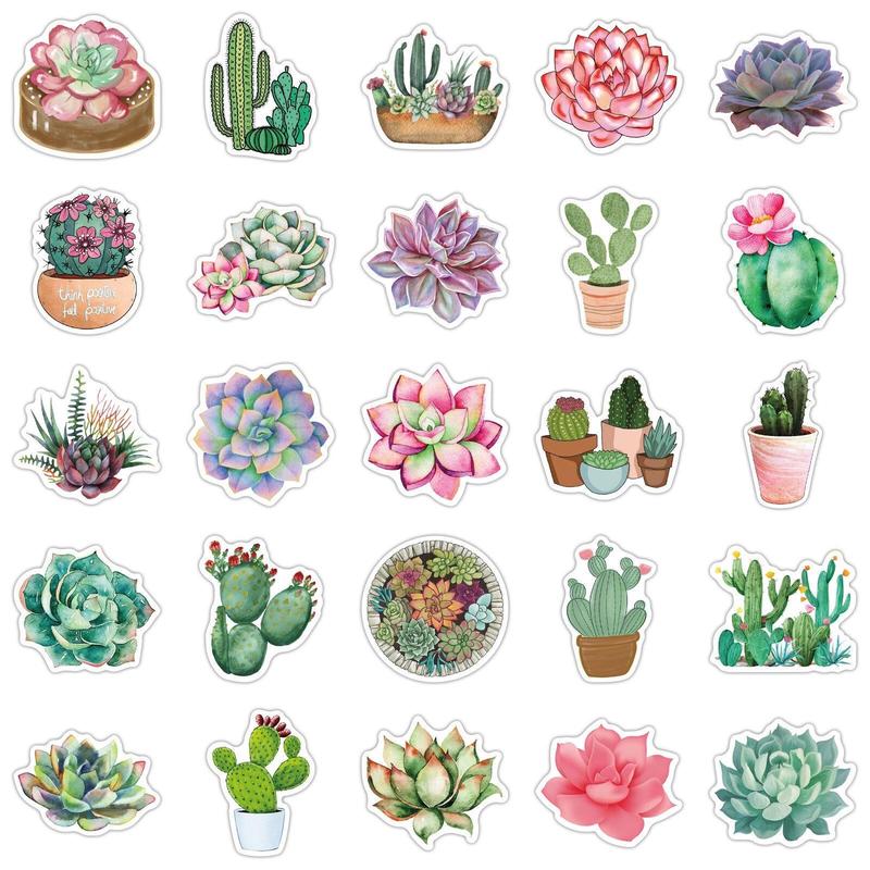 50pcs Waterproof Cactus Pattern Sticker, DIY Decoration Sticker for Laptop, Guitar, Water Bottle, Skateboard & Scrapbook