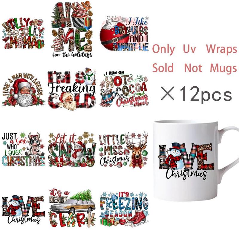 Snowman & Letter Pattern DIY Sticker, 12pcs set UV Self-adhesive Wraps Sticker, Decorative Sticker for Cup, Mug, Bottle, DIY Decorative Supplies