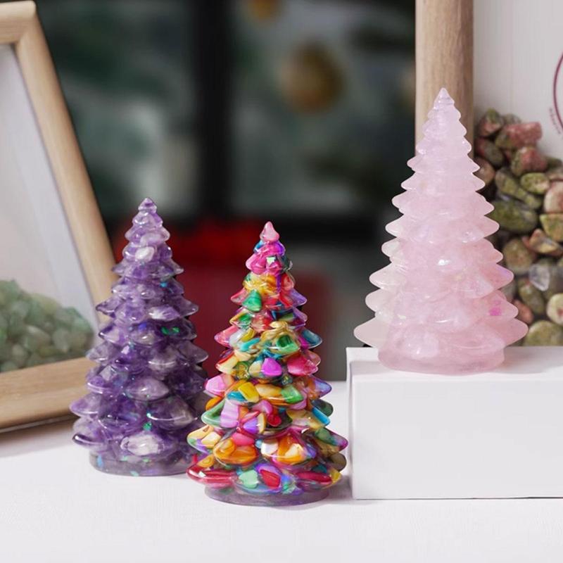 Natural Crystal Gravel Christmas Tree Statue, 1 Count Dropper Resin Reiki Stone Divination Fengshui Sculpture, Home Decor Ornament for Living Room Bedroom