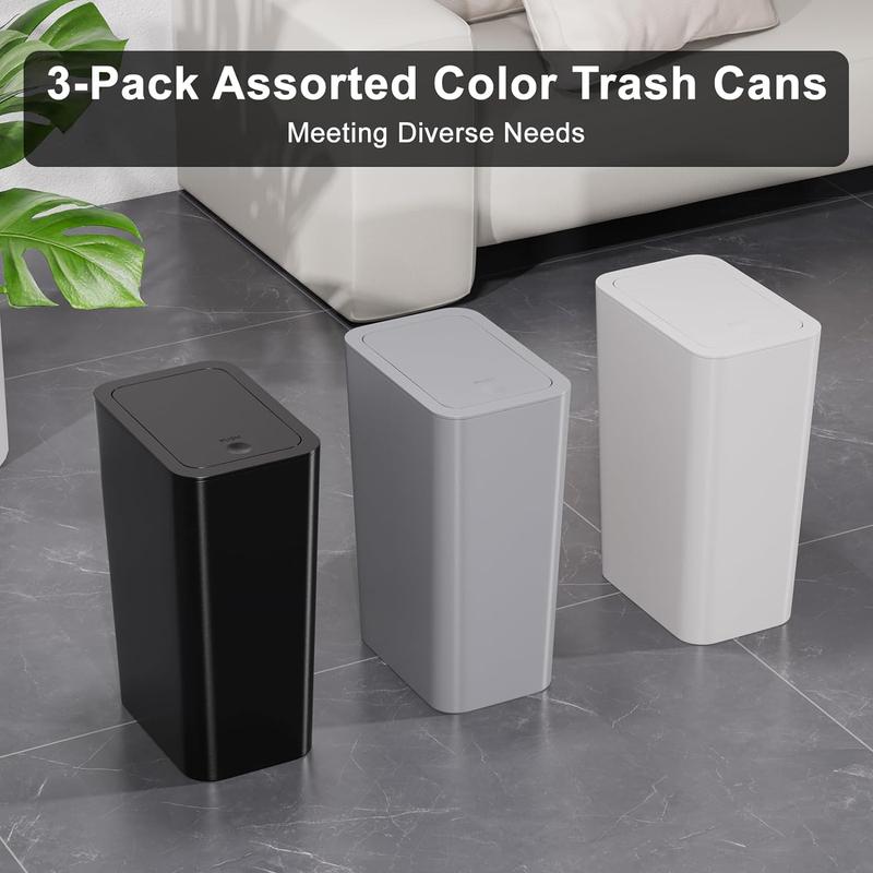 3 Pack 10L 2.6 Gal Bathroom Trash Can with Lid, Bathroom Trash Bin with Press Lid, Small Trash Can Slim Garbage Cans Waste Basket for Bathroom,Kitchen,Office,Bedroom - Black,Gray,Off White Pet Plastic Smooth