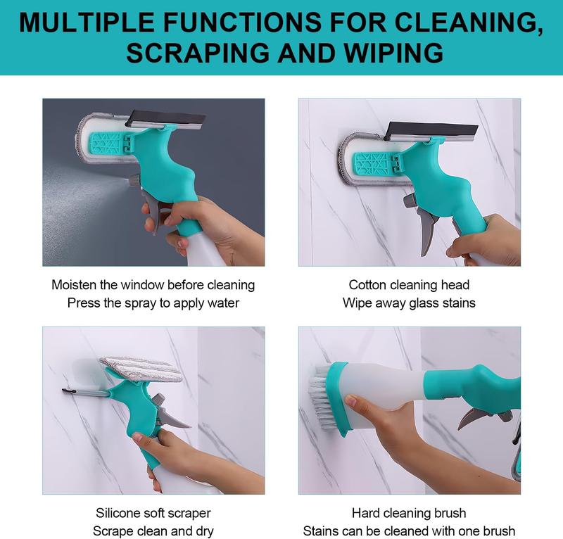 Multifunction Window Cleaner Tool, 4 in 1 Kit (with Spray Bottle, Squeegee, Microfiber Washer Head), Cleaning Tool for Home Glass Car Window Cleaning