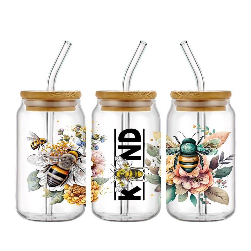 Bee & Flower Pattern UV DTF Cup Wraps Decals, 5 Counts set Waterproof Self-adhesive Stickers for 16 OZ Glass Can Wrap, DIY Transfer Stickers for Bee Lovers for Cups Bottles Glass